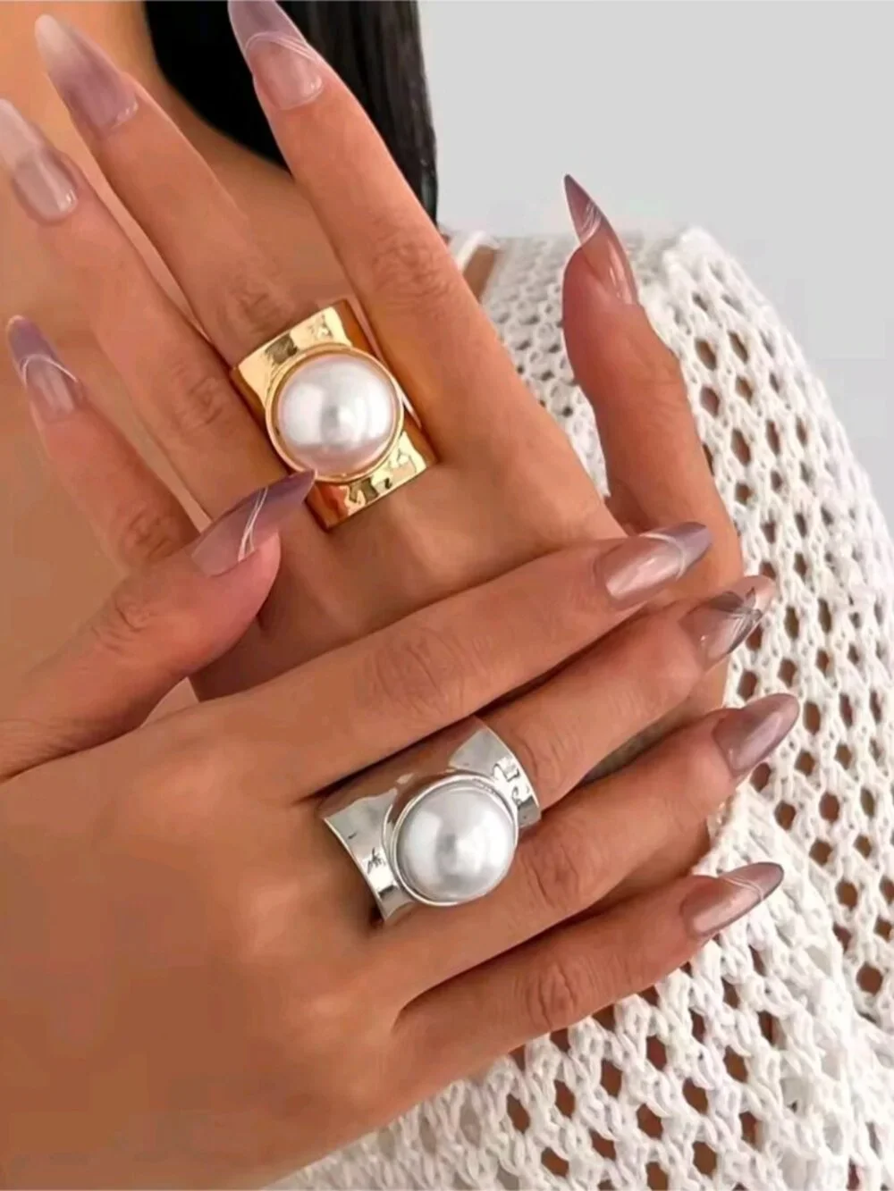 Silver Pearl Dome Statement Ring - White Pearl Accent
